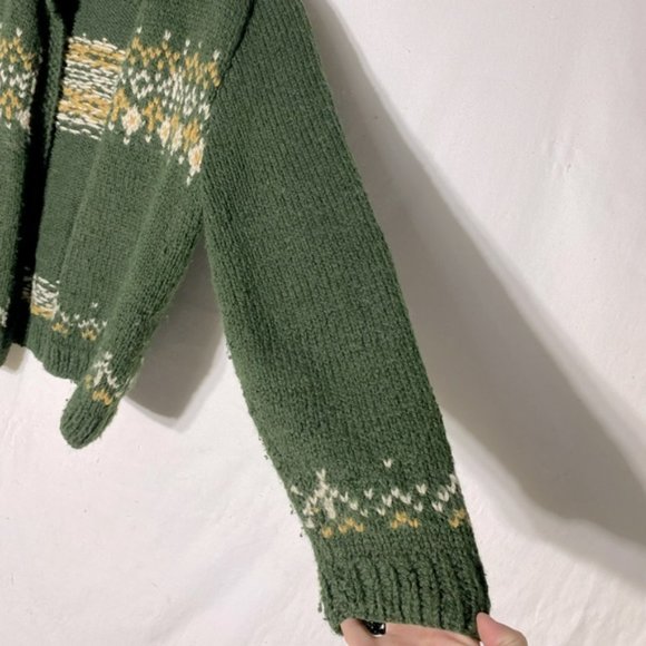 Handmade Hand Knit Green Yellow Open Front Cardigan XL - Picture 4 of 11